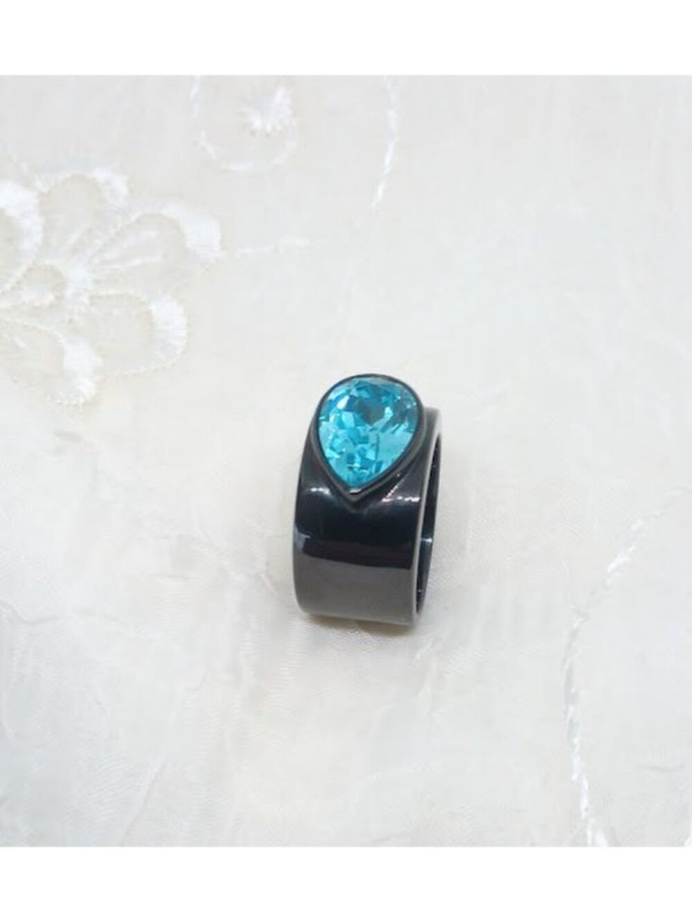 Black Stainless Steel Ring With Teardrop Blue Crystal Gemstone Ion-Plated Finish - Picture 3 of 6